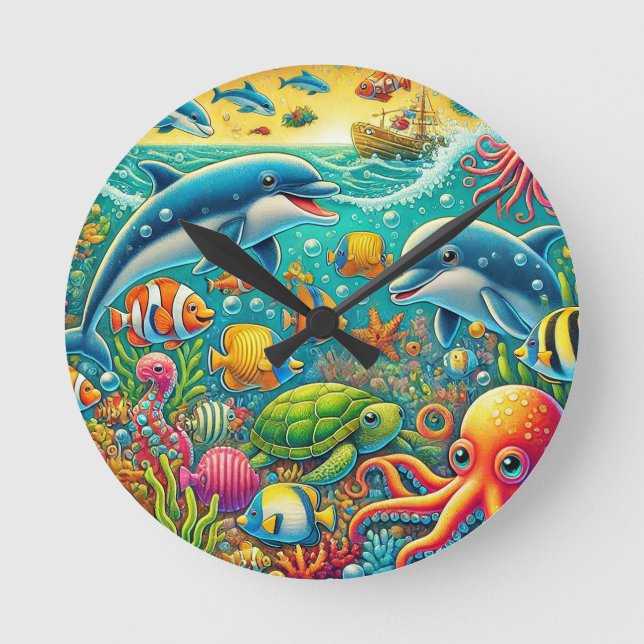 Colourful Underwater Scene Featuring Marine Life Round Clock (Front)
