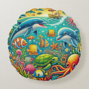 Colourful Underwater Scene Featuring Marine Life Round Pillow