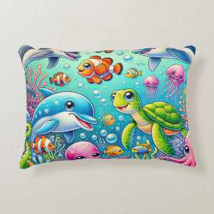 Colourful Underwater Scene Featuring Playful Sea Accent Pillow