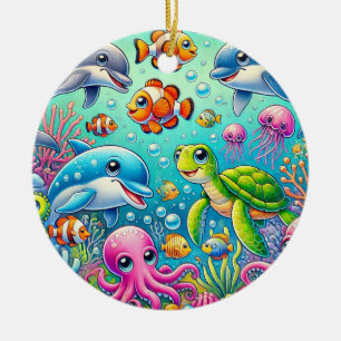 Colourful Underwater Scene Featuring Playful Sea Ceramic Ornament