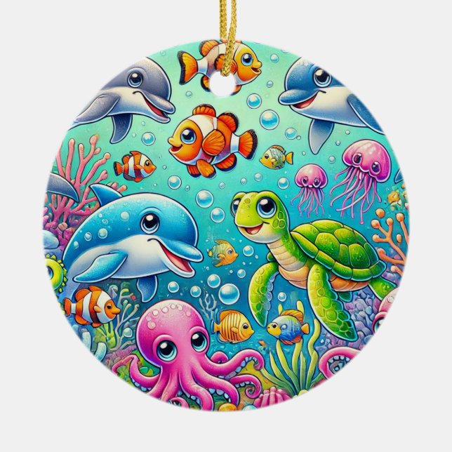 Colourful Underwater Scene Featuring Playful Sea Ceramic Ornament (Front)