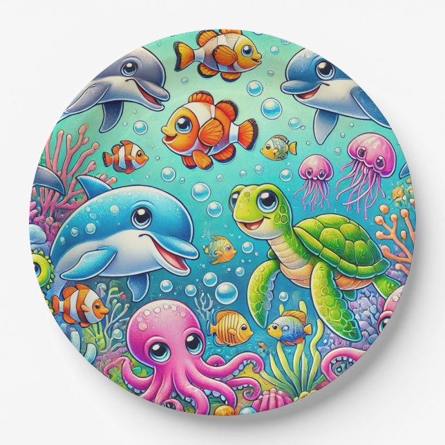 Colourful Underwater Scene Featuring Playful Sea Paper Plate (Front)
