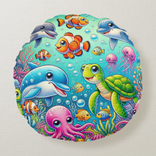 Colourful Underwater Scene Featuring Playful Sea Round Pillow