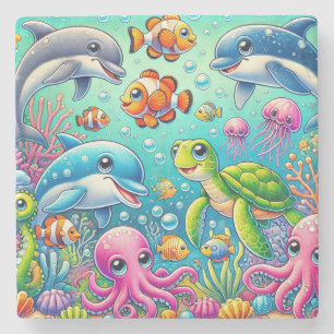Colourful Underwater Scene Featuring Playful Sea Stone Coaster