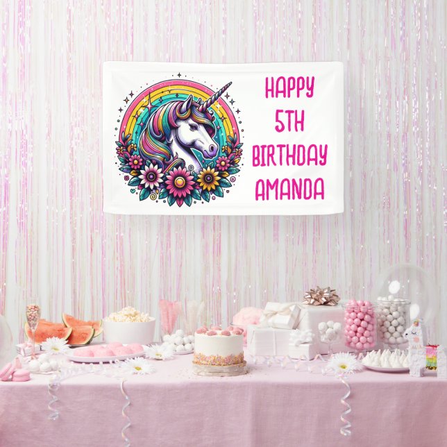 Colourful Unicorn and Rainbow Personalized Birthda Banner (Party)