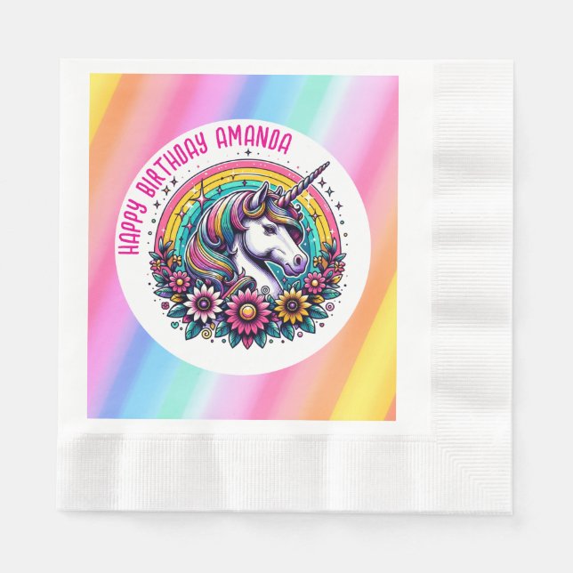 Colourful Unicorn and Rainbow Personalized Birthda Napkin (Front)