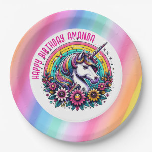 Colourful Unicorn and Rainbow Personalized Birthda Paper Plate