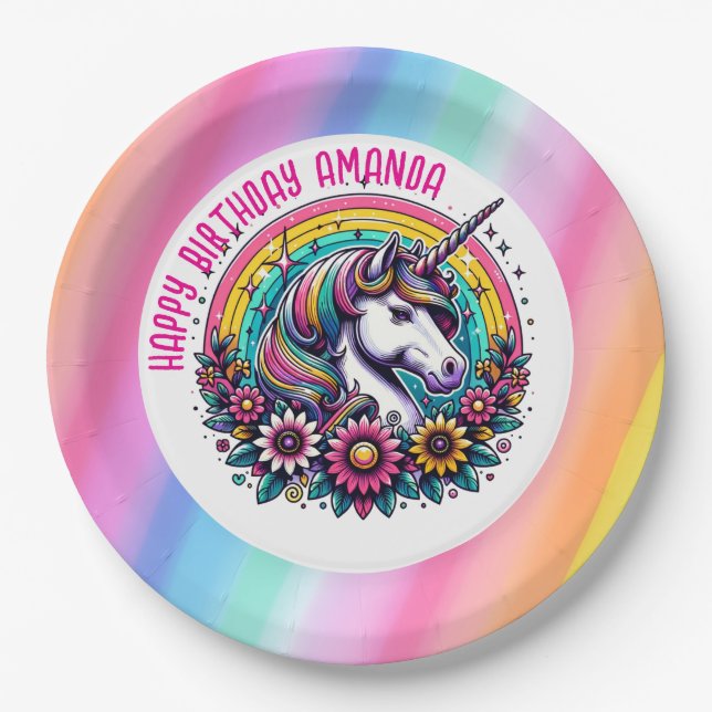 Colourful Unicorn and Rainbow Personalized Birthda Paper Plate (Front)