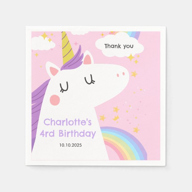 Colourful Unicorn and Rainbows Birthday Party  Napkin (Front)