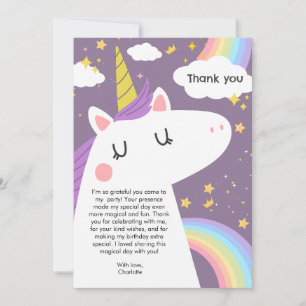 Colourful Unicorn and Rainbows Birthday Party  Thank You Card