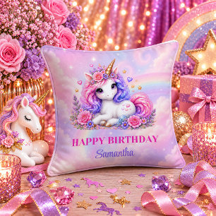 Colourful Unicorn Birthday Girl Magical Rainbow Pi Throw Pillow