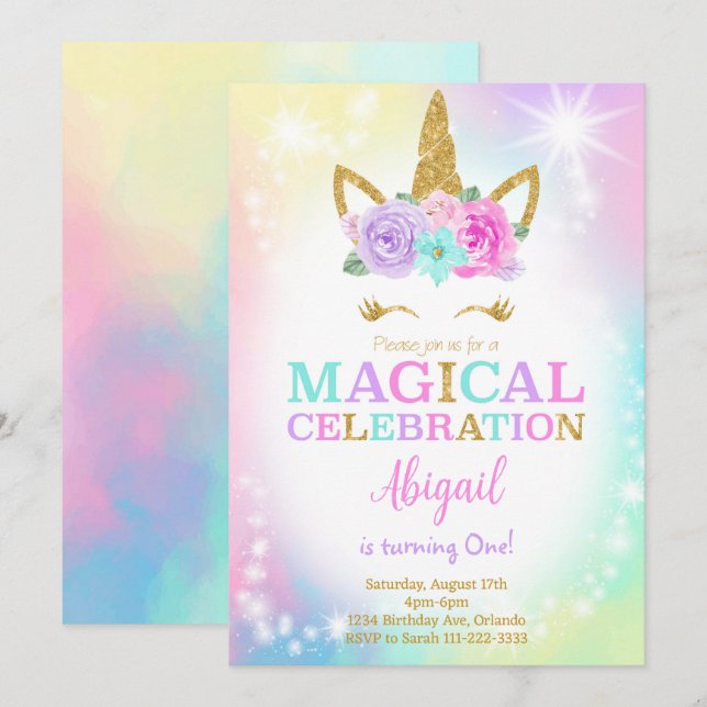 Colourful Unicorn Birthday Invite (Front/Back)