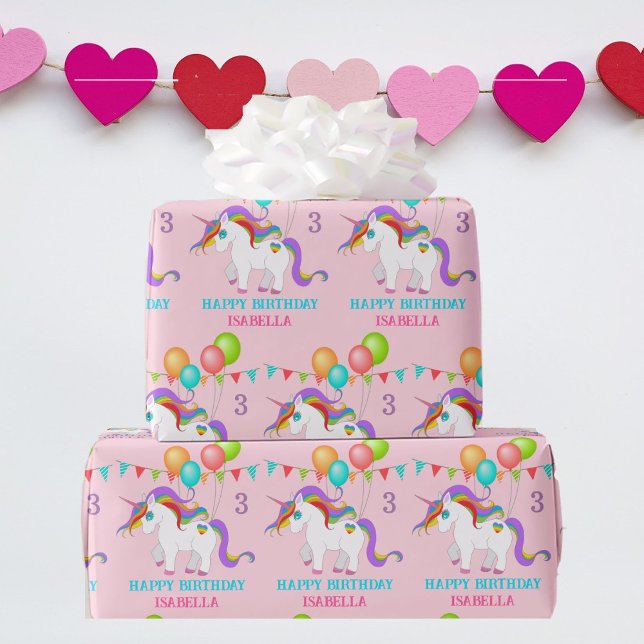 Colourful Unicorn Birthday Personalize Name & Age Wrapping Paper (Creator Uploaded)