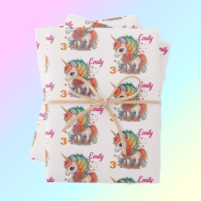 Colourful Unicorn Child's Name & Age Personalize 3 Wrapping Paper Sheet (Creator Uploaded)