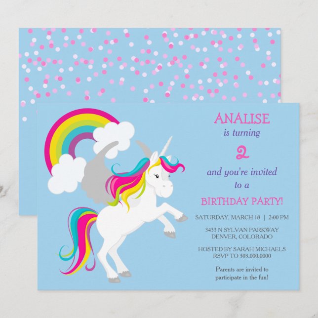 Colourful Unicorn Kids Birthday Party Invitation (Front/Back)