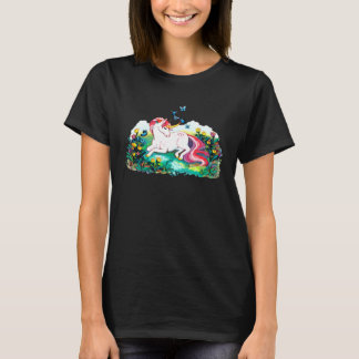 Colourful unicorn lying on a flower filled area T-Shirt