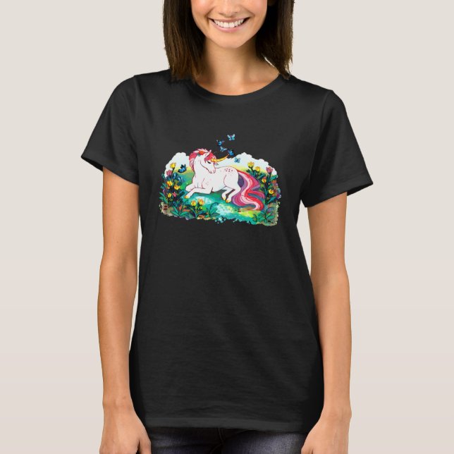 Colourful unicorn lying on a flower filled area T-Shirt (Front)