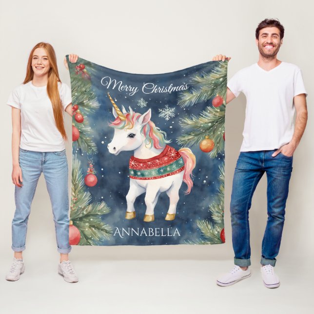 Colourful Unicorn Personalized Christmas  Fleece Blanket (In Situ)