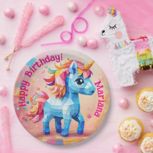 Colourful Unicorn Pinata Birthday Paper Plate
