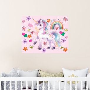 Colourful Unicorn Rainbow and Flowers Nursery Poster