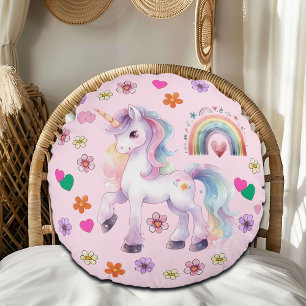 Colourful Unicorn Rainbow and Flowers Round Pillow