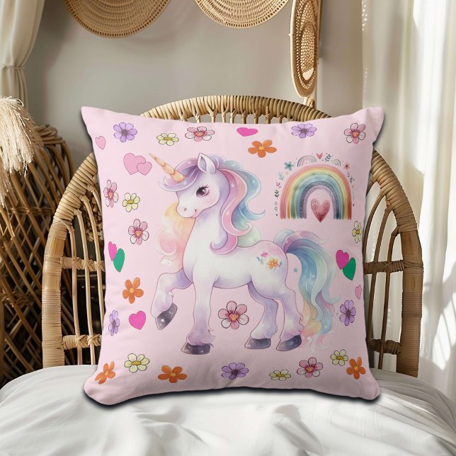 Colourful Unicorn Rainbow and Flowers   Throw Pillow (Creator Uploaded)