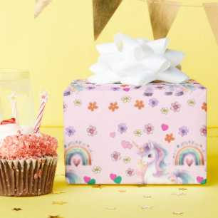 Colourful Unicorn Rainbow Flowers Birthday Party Wrapping Paper