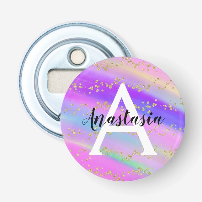 Colourful Unicorn Rainbow Gold Glitter Monogram Bottle Opener (Front)