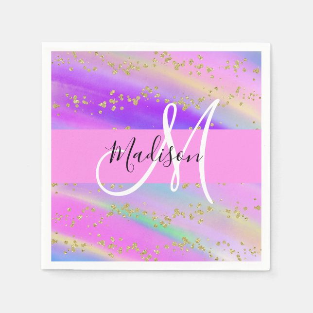 Colourful Unicorn Rainbow Gold Glitter Monogram Napkin (Front)