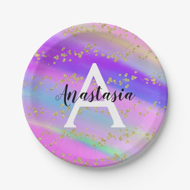 Colourful Unicorn Rainbow Gold Glitter Monogram Paper Plate (Front)