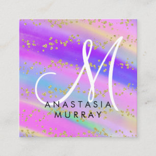 Colourful Unicorn Rainbow Gold Glitter Monogram Square Business Card
