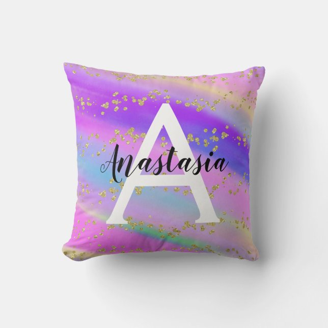 Colourful Unicorn Rainbow Gold Glitter Monogram Throw Pillow (Front)