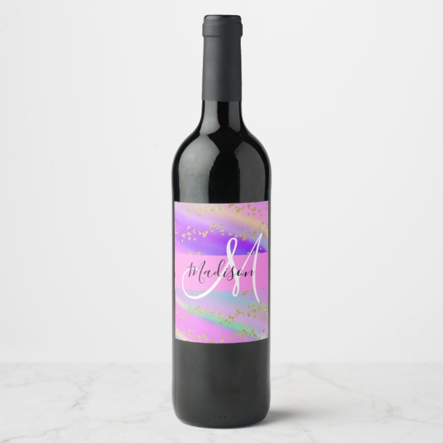 Colourful Unicorn Rainbow Gold Glitter Monogram Wine Label (Front)