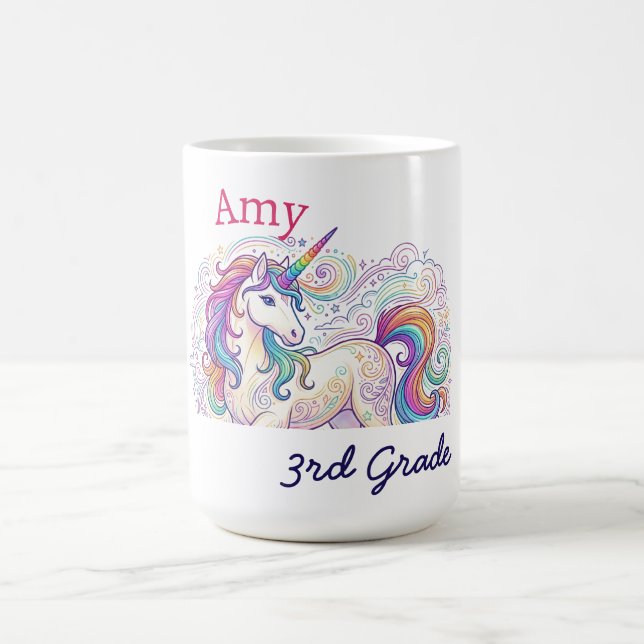 colourful unicorn third grade back to school name coffee mug (Center)