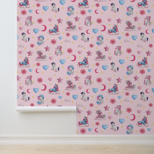 Colourful unicorns, pink moon, hearts on light pin wallpaper