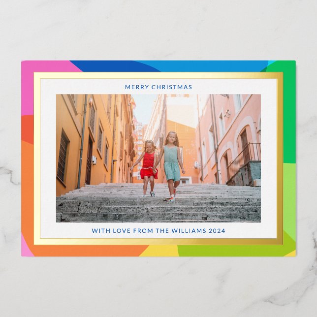 Colourful Unique 2 Photo Modern Christmas Gold Foil Holiday Card (Front)