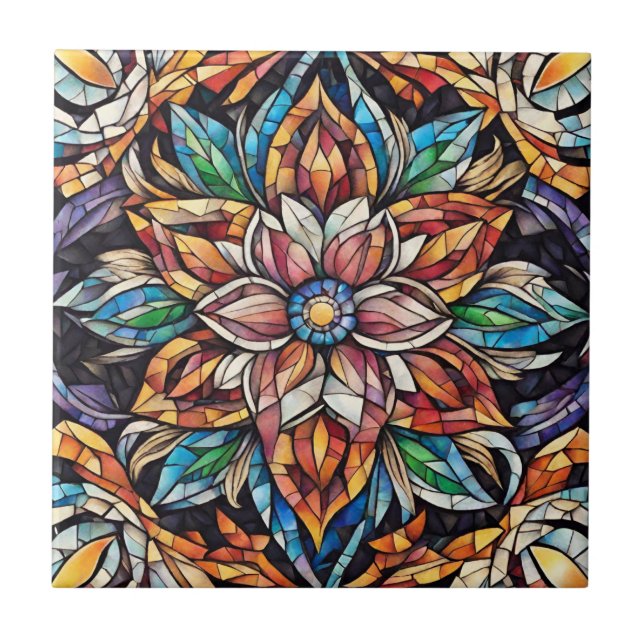 Colourful Unique Abstract Mosaic Flower  Tile (Front)