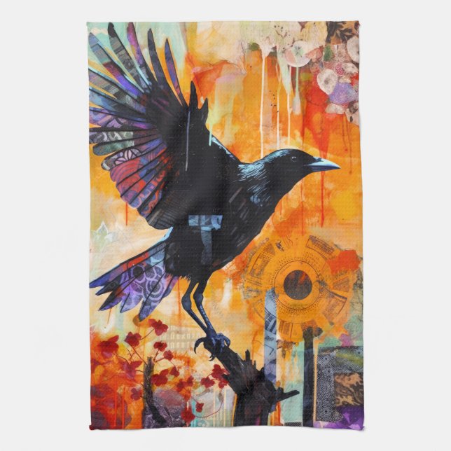 Colourful Unique Crow Collage Kitchen Towel (Vertical)