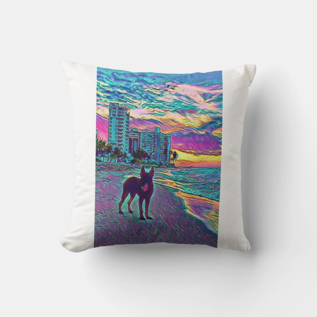 Colourful Unique Dog on Beach Art Pillow (Front)