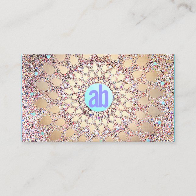Colourful, Unique Gold and Festive Monogram Glitte Business Card (Front)