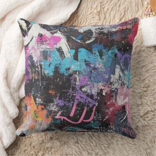 Colourful Urban Graffiti Abstract Purple Blue Blac Throw Pillow