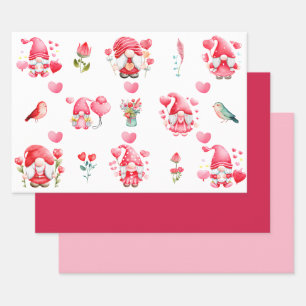 Colourful Valentine Gnomes Set of 3 Assorted Flat  Wrapping Paper Sheet