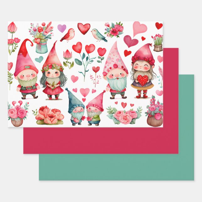 Colourful Valentine Gnomes Set of 3 Assorted Flat  Wrapping Paper Sheet (Set)