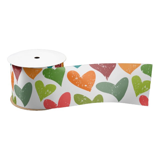 Colourful Valentine's Day Grunge Heart Pattern Satin Ribbon (Spool)