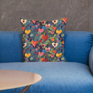 Colourful Valentines Day Love Hearts Pattern Paint Throw Pillow