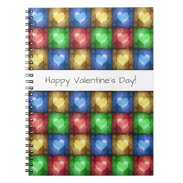 Colourful Valentine's Day Rustic Hearts Notebook (Front)