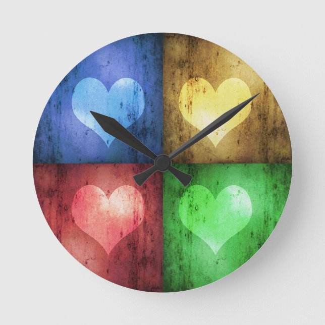 Colourful Valentine's Day Rustic Hearts Round Clock (Front)