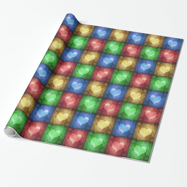Colourful Valentine's Day Rustic Hearts Wrapping Paper (Unrolled)