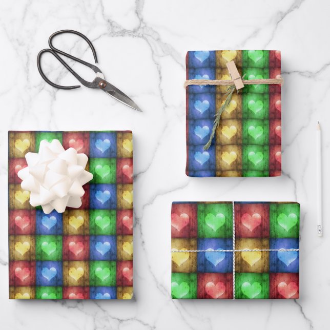 Colourful Valentine's Day Rustic Hearts Wrapping Paper Sheet (Front)