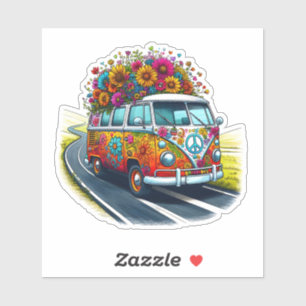 Colourful Van With Flowers on Sunny Road